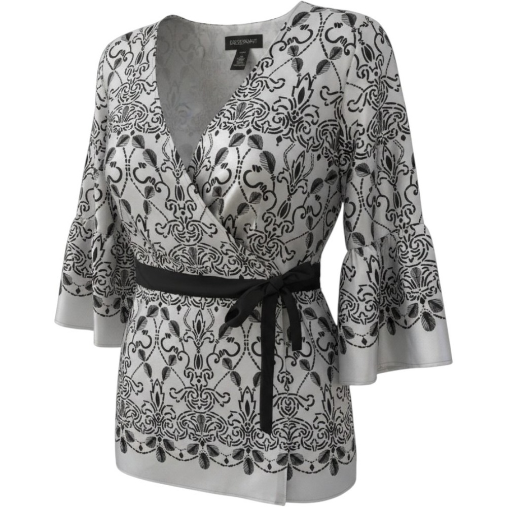 Lane Bryant Sz 18/20 Black White Jeweled Damask Wrap Blouse Bell Sleeve Holiday